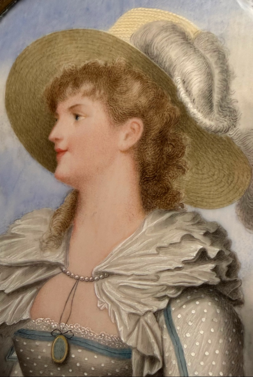 Generous Oval Miniature On Ivory Of A Court Lady In A Large Feathered Hat, Framed, 18th Century-photo-8