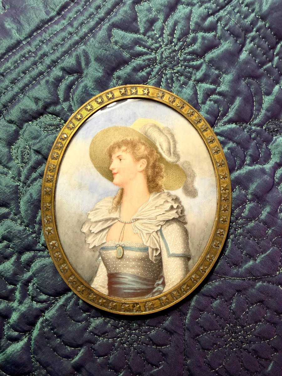 Generous Oval Miniature On Ivory Of A Court Lady In A Large Feathered Hat, Framed, 18th Century