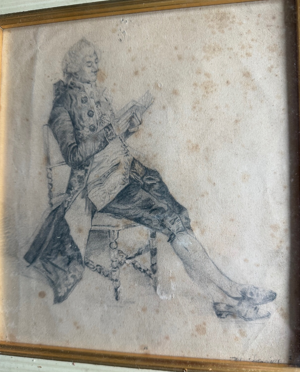 Nobleman In Formal Attire Reading In His Chair, Original Pencil Drawing, 1880, By Ernest Meissonier-photo-2