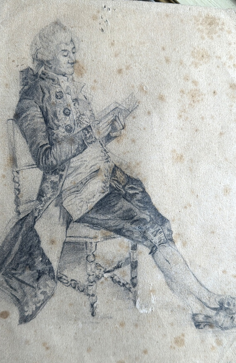 Nobleman In Formal Attire Reading In His Chair, Original Pencil Drawing, 1880, By Ernest Meissonier-photo-3