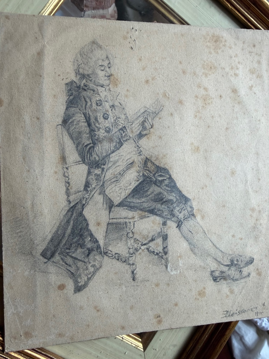 Nobleman In Formal Attire Reading In His Chair, Original Pencil Drawing, 1880, By Ernest Meissonier-photo-6