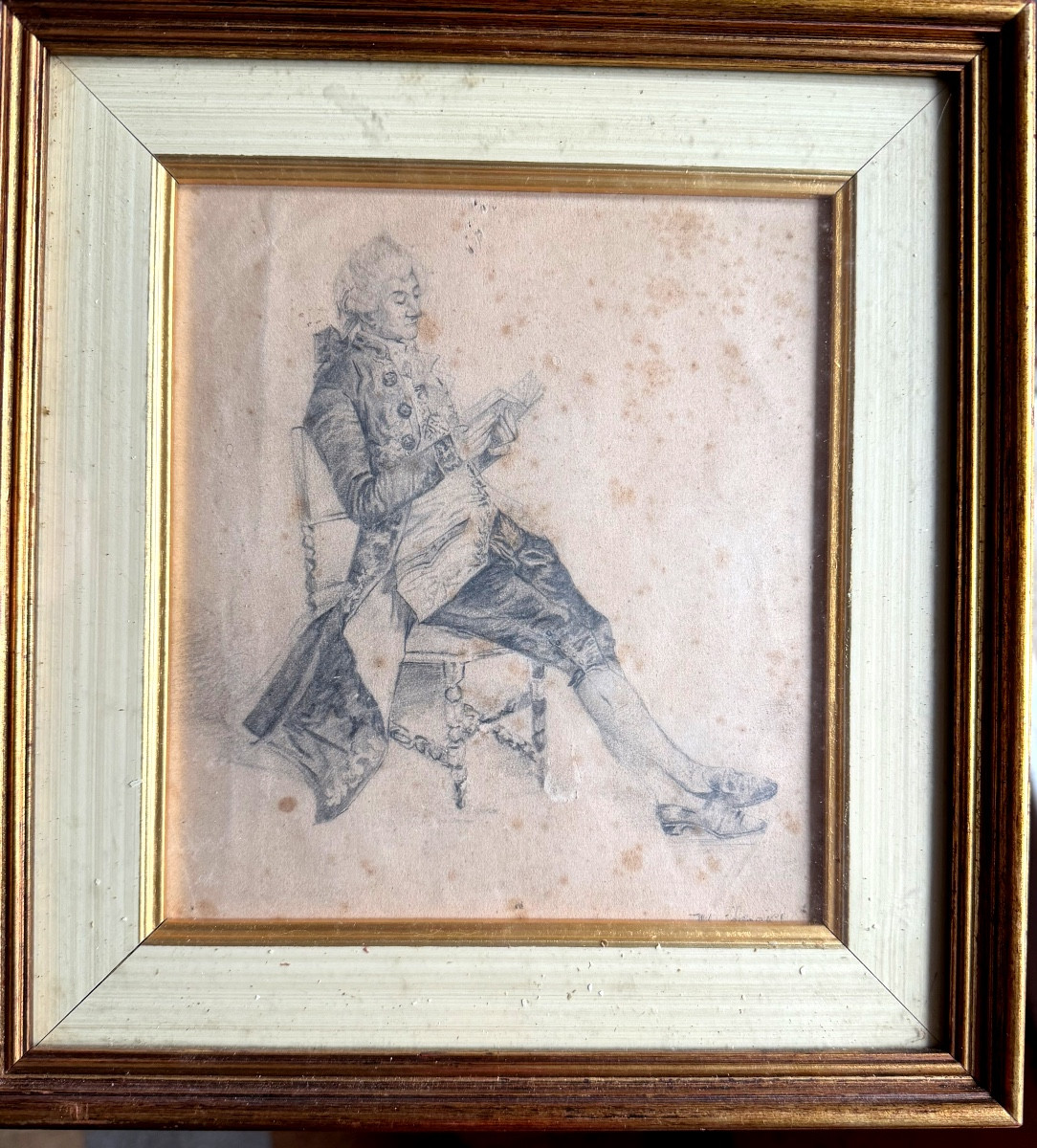 Nobleman In Formal Attire Reading In His Chair, Original Pencil Drawing, 1880, By Ernest Meissonier-photo-7