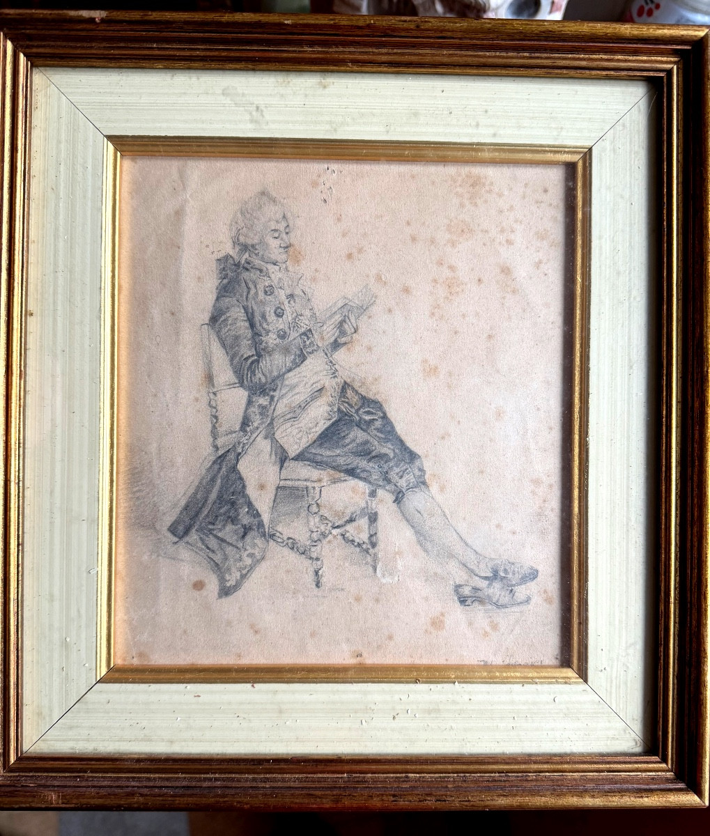 Nobleman In Formal Attire Reading In His Chair, Original Pencil Drawing, 1880, By Ernest Meissonier