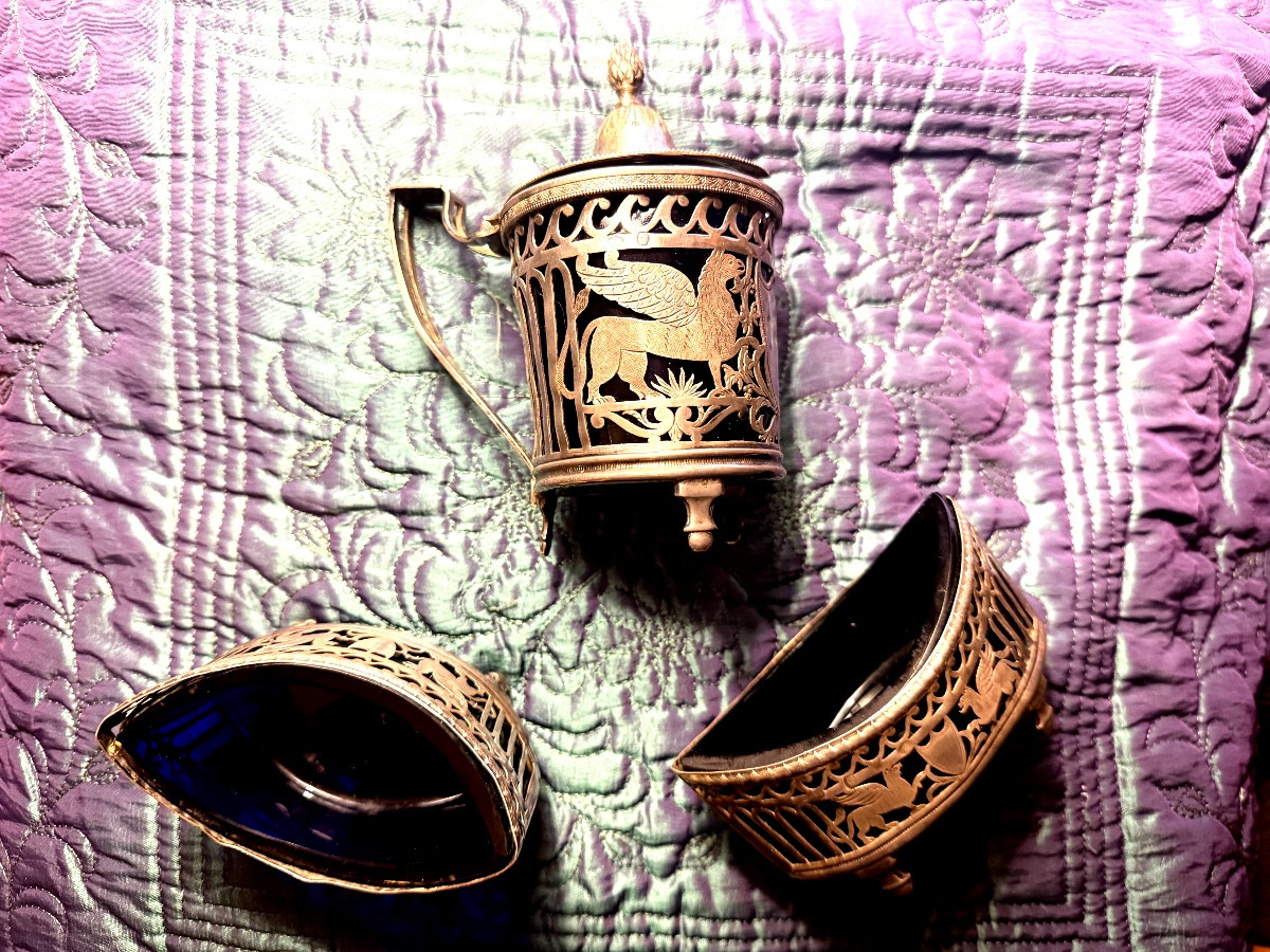  Silver Tableware Set With Hallmarks, Old Man, Salt Cellars And Mustard Pot, Late 18th Century, Etruscan Style-photo-4