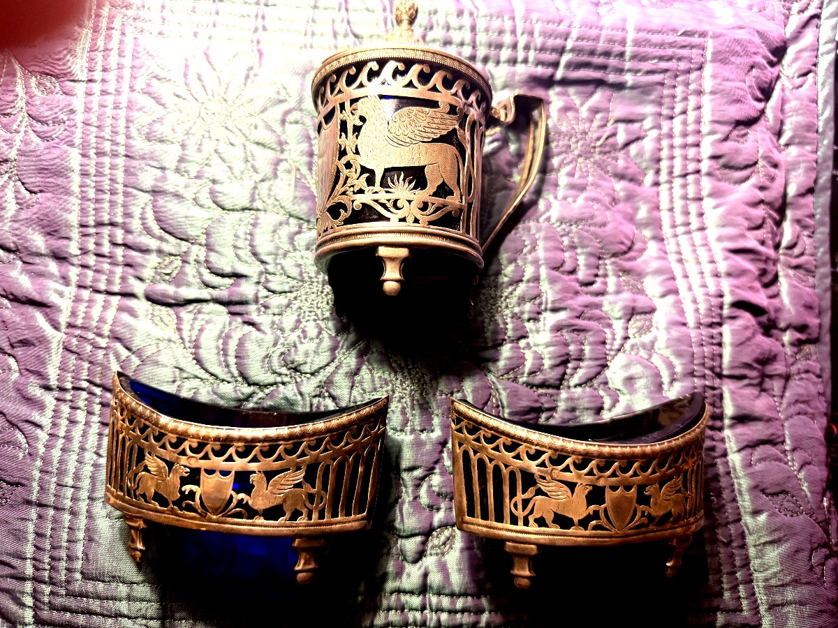  Silver Tableware Set With Hallmarks, Old Man, Salt Cellars And Mustard Pot, Late 18th Century, Etruscan Style