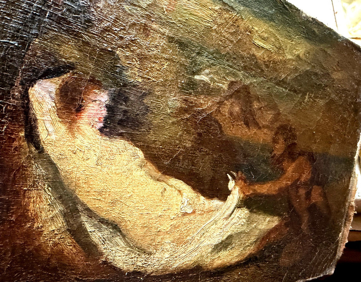 Pochade préparatoire Baroque XVIII ème Satyre découvrant une nymphe allongée dans la nature H/t-photo-2