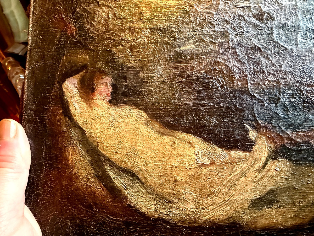 Pochade préparatoire Baroque XVIII ème Satyre découvrant une nymphe allongée dans la nature H/t-photo-1