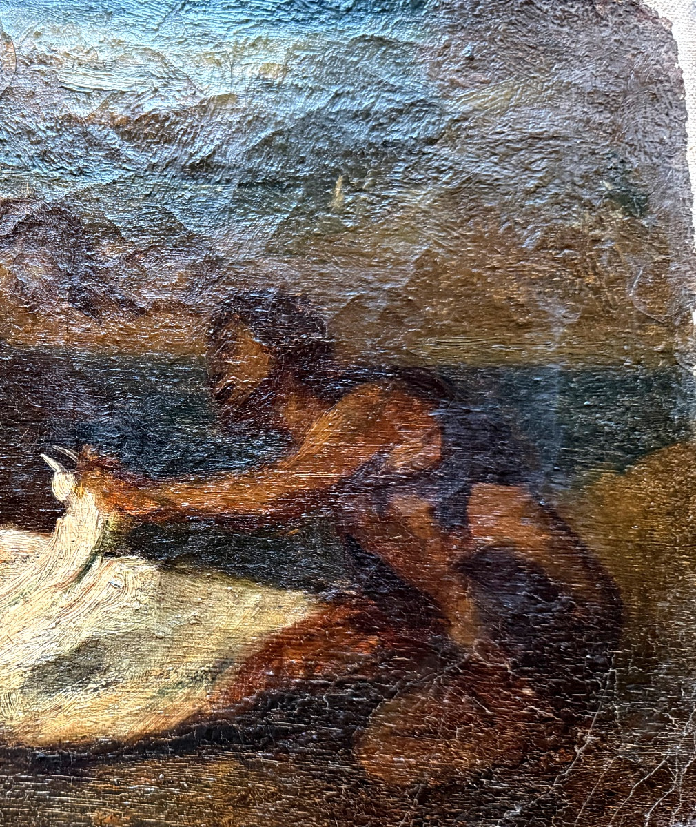 Pochade préparatoire Baroque XVIII ème Satyre découvrant une nymphe allongée dans la nature H/t-photo-2