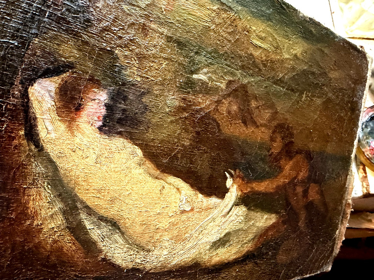 Pochade préparatoire Baroque XVIII ème Satyre découvrant une nymphe allongée dans la nature H/t-photo-3