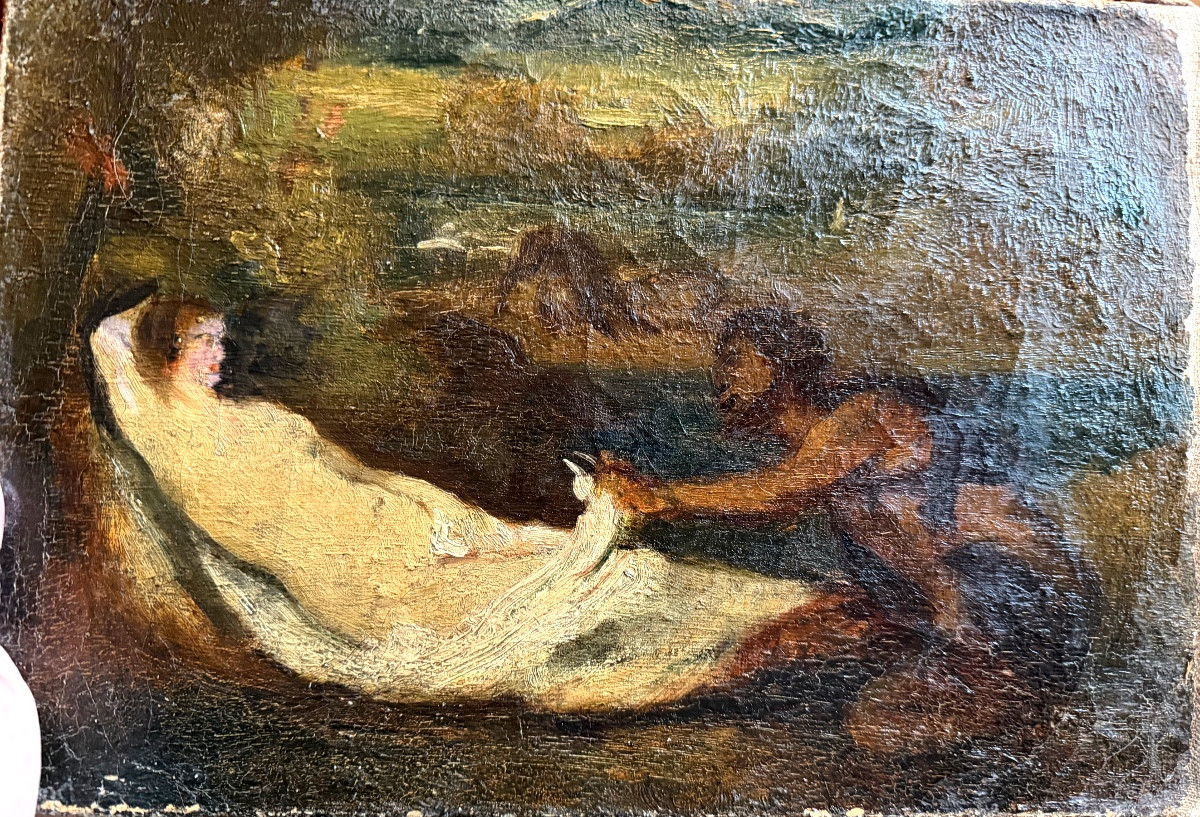Pochade préparatoire Baroque XVIII ème Satyre découvrant une nymphe allongée dans la nature H/t-photo-7