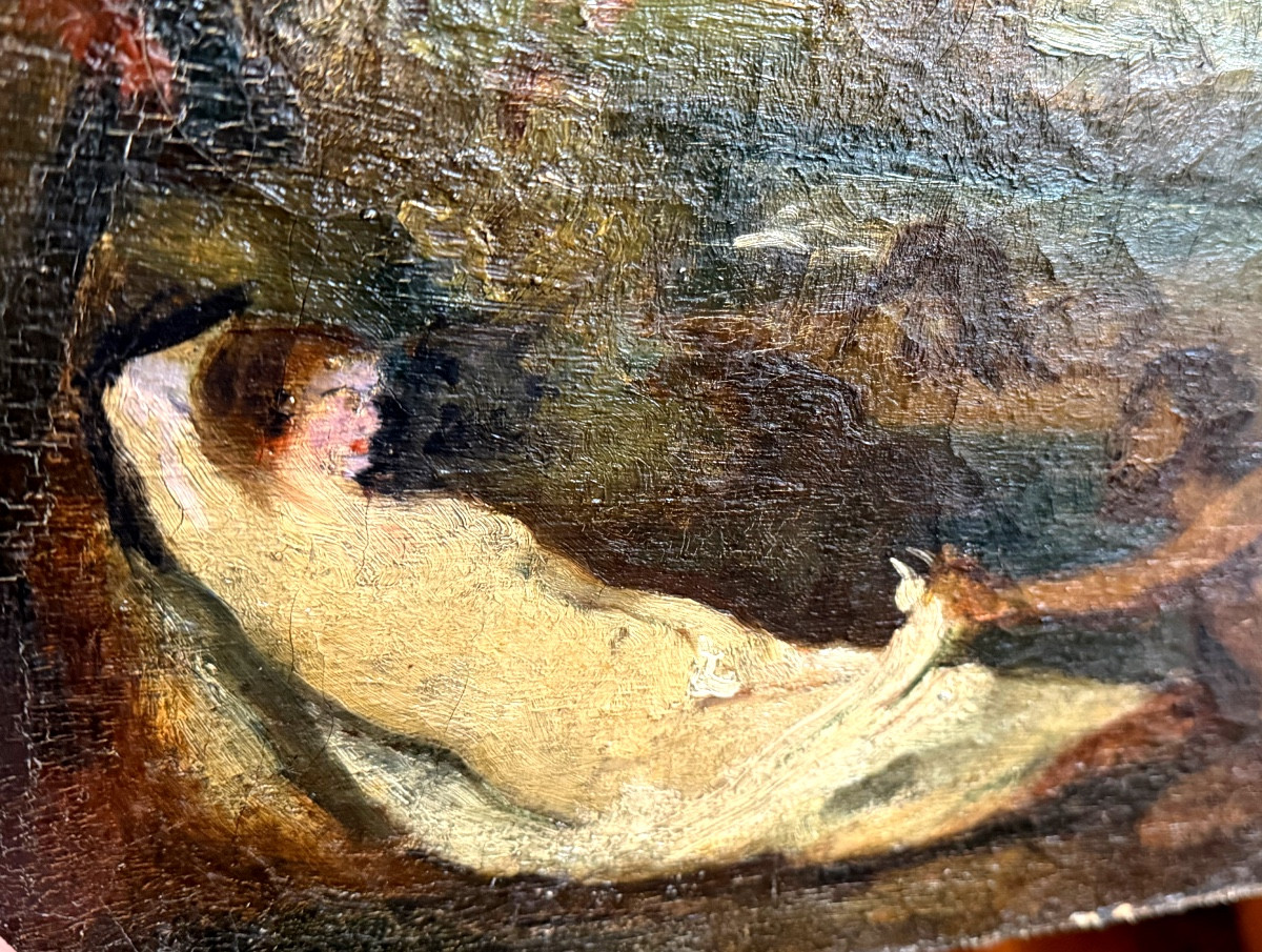 Pochade préparatoire Baroque XVIII ème Satyre découvrant une nymphe allongée dans la nature H/t-photo-8