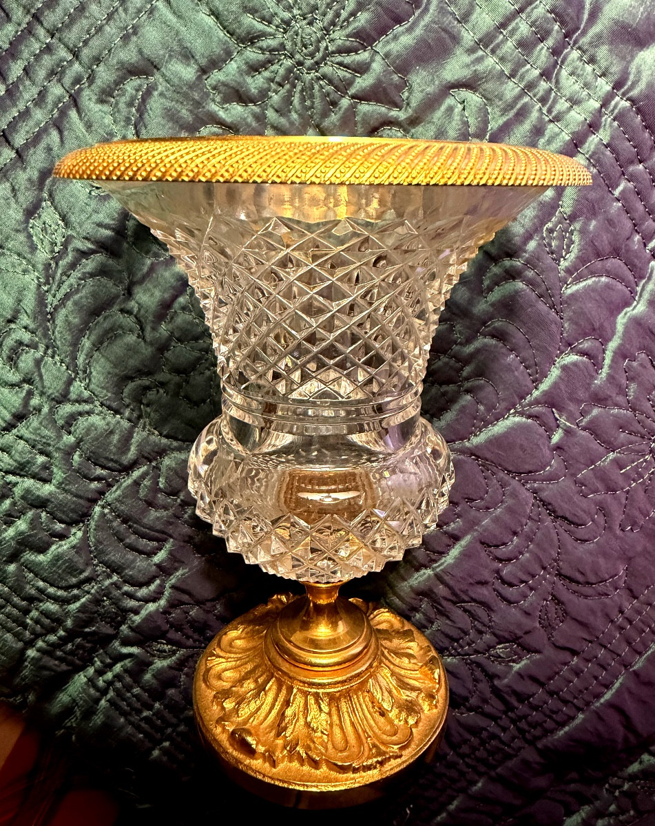 Charming Medici Crater Vase, Pineapple-cut Crystal, With A Gilt Bronze Rim, High Quality, 1960s-photo-2