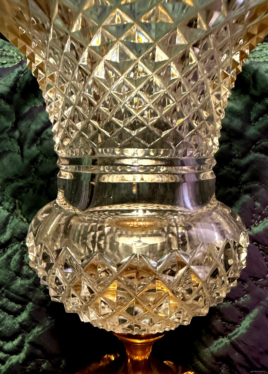 Charming Medici Crater Vase, Pineapple-cut Crystal, With A Gilt Bronze Rim, High Quality, 1960s-photo-3