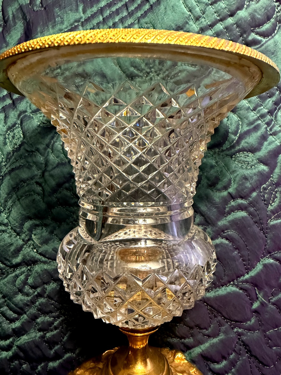 Charming Medici Crater Vase, Pineapple-cut Crystal, With A Gilt Bronze Rim, High Quality, 1960s-photo-2