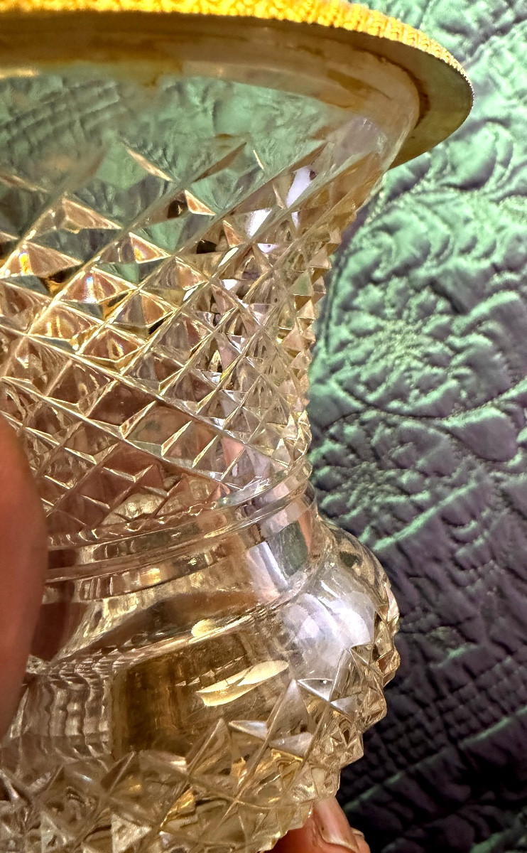 Charming Medici Crater Vase, Pineapple-cut Crystal, With A Gilt Bronze Rim, High Quality, 1960s-photo-7