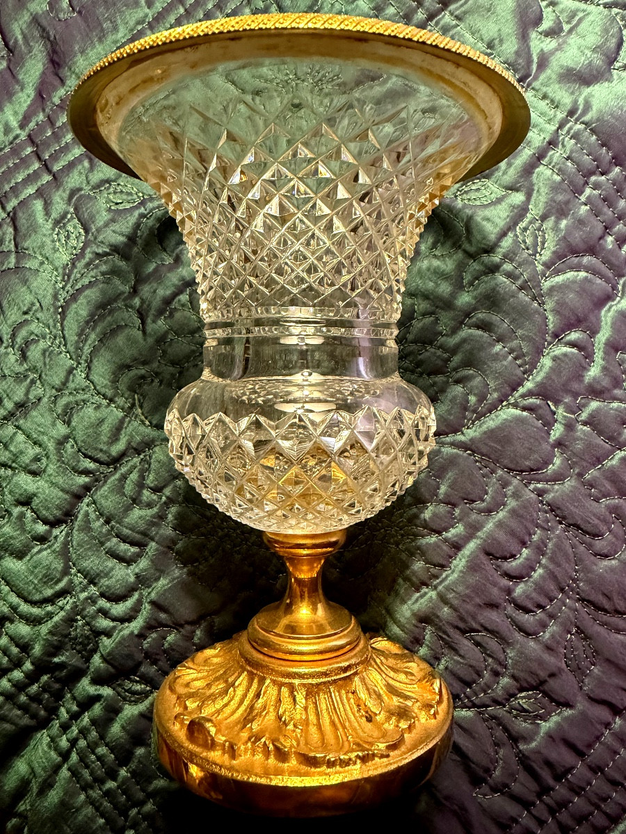 Charming Medici Crater Vase, Pineapple-cut Crystal, With A Gilt Bronze Rim, High Quality, 1960s-photo-8