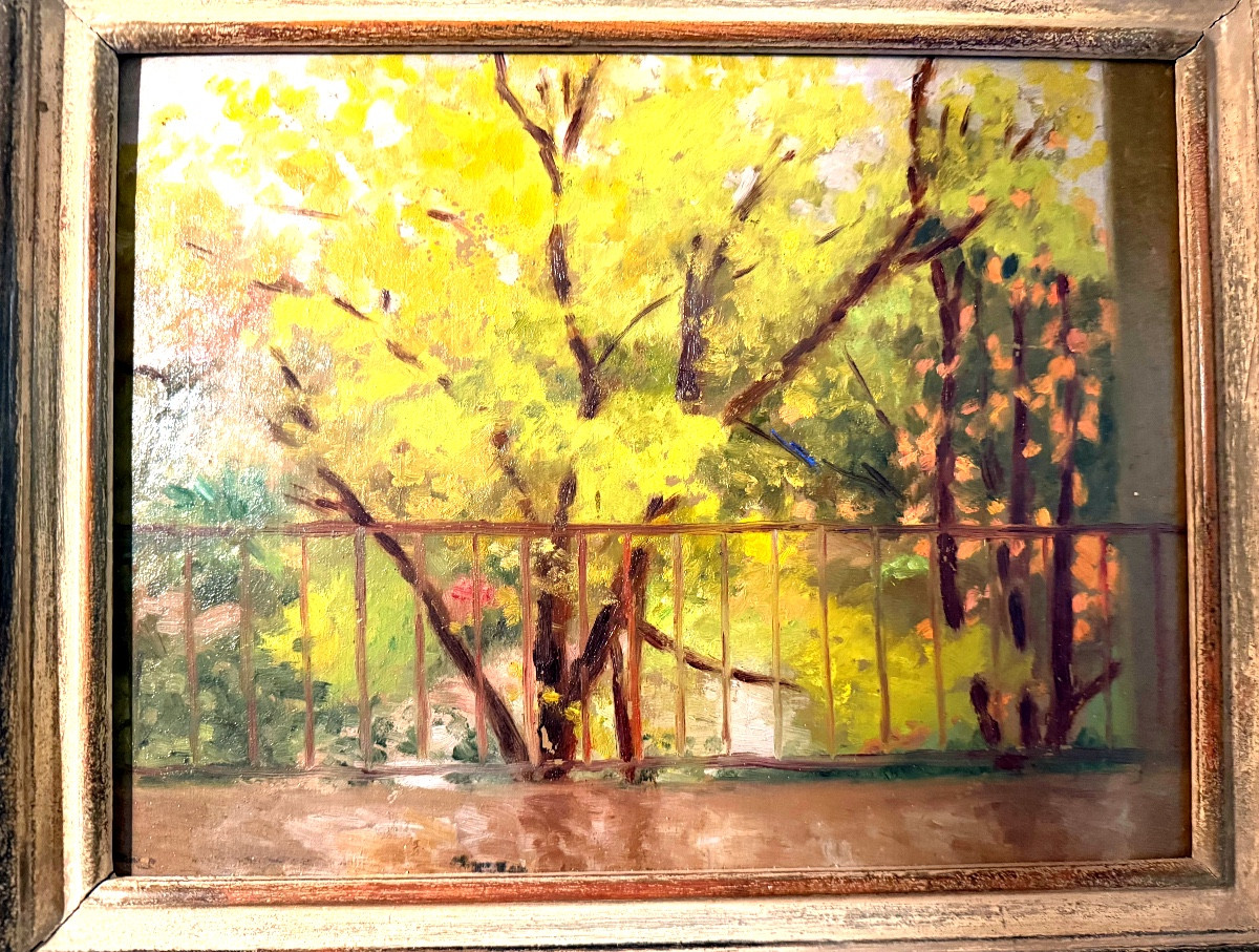 Impressionist Oil On Panel "the Terrace" From The Late 19th Century In Its Lovely Molded Frame-photo-2