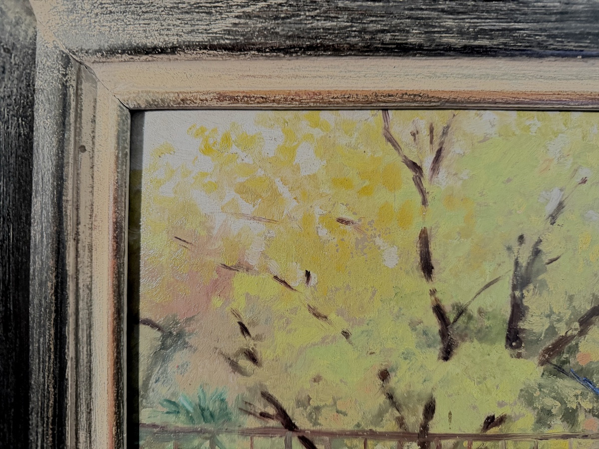 Impressionist Oil On Panel "the Terrace" From The Late 19th Century In Its Lovely Molded Frame-photo-3