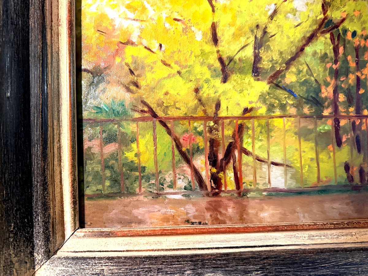 Impressionist Oil On Panel "the Terrace" From The Late 19th Century In Its Lovely Molded Frame-photo-1