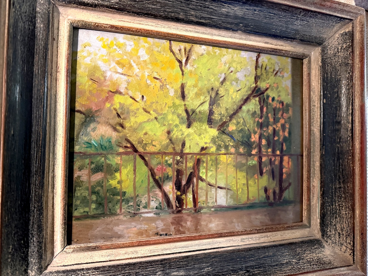 Impressionist Oil On Panel "the Terrace" From The Late 19th Century In Its Lovely Molded Frame-photo-2