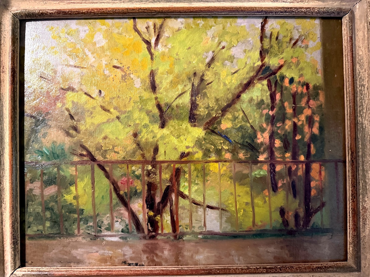 Impressionist Oil On Panel "the Terrace" From The Late 19th Century In Its Lovely Molded Frame-photo-5