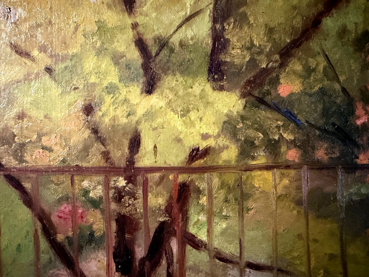 Impressionist Oil On Panel "the Terrace" From The Late 19th Century In Its Lovely Molded Frame-photo-6