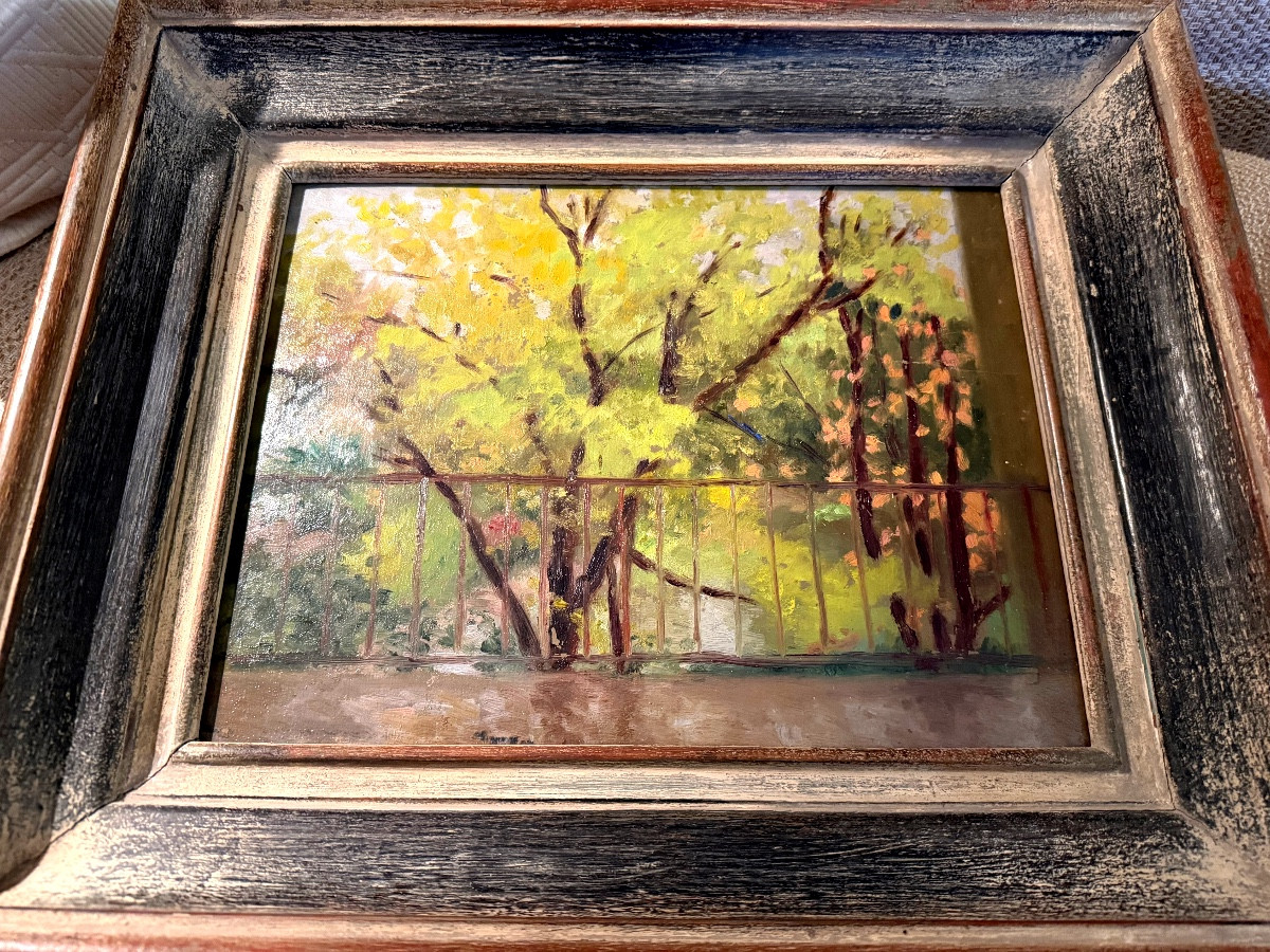 Impressionist Oil On Panel "the Terrace" From The Late 19th Century In Its Lovely Molded Frame-photo-7