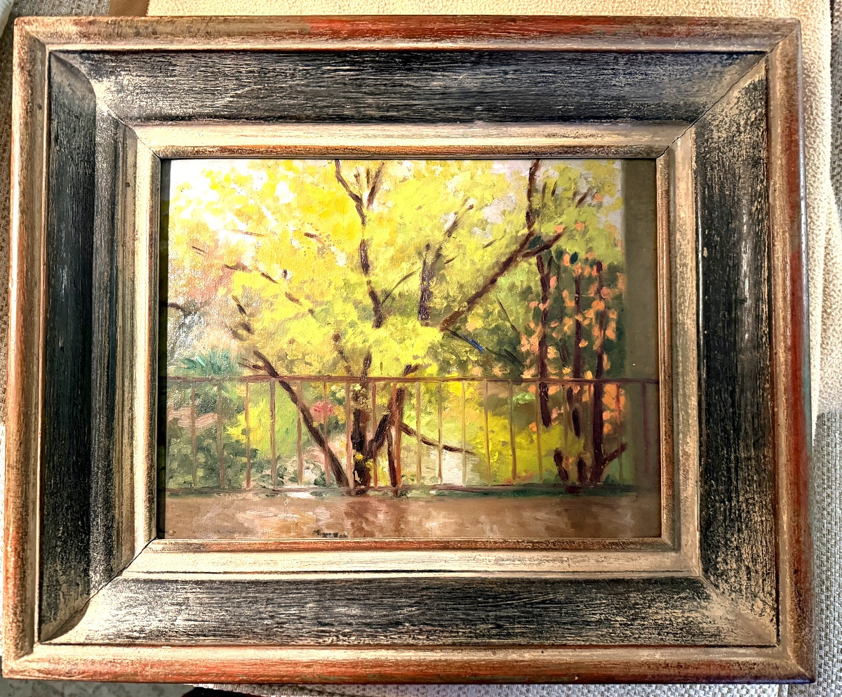 Impressionist Oil On Panel "the Terrace" From The Late 19th Century In Its Lovely Molded Frame
