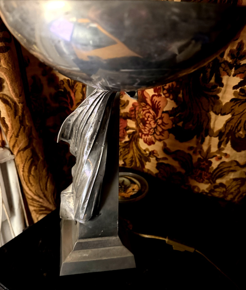  Very Elegant Ambient Beam Lamp In Pewter, Obelisk And Draped Bowl From The "70s" -photo-4