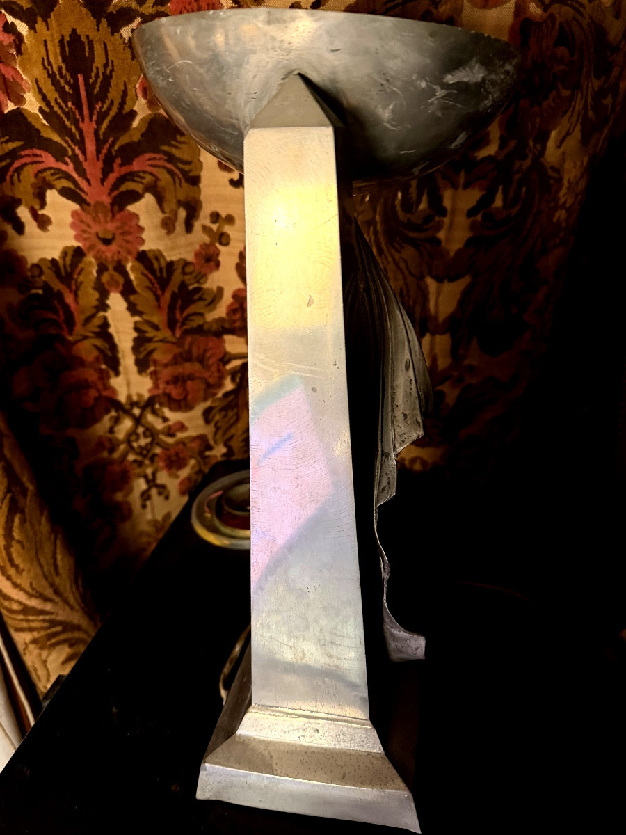  Very Elegant Ambient Beam Lamp In Pewter, Obelisk And Draped Bowl From The "70s" -photo-5