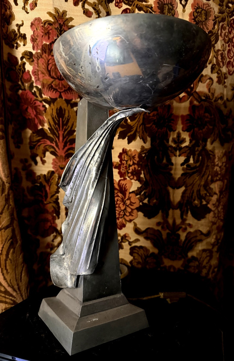  Very Elegant Ambient Beam Lamp In Pewter, Obelisk And Draped Bowl From The "70s" 