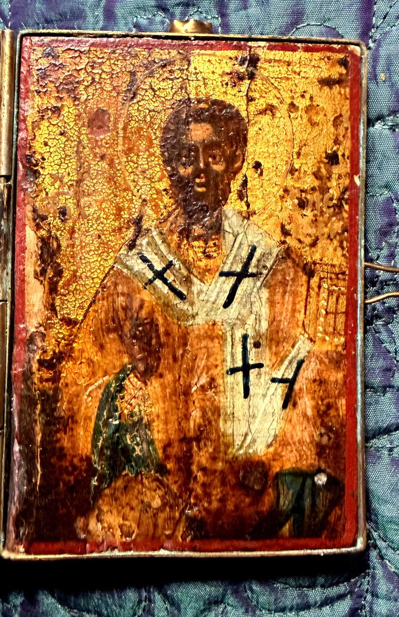 Very Rare Greek Travel Diptych Icon Depicting Christ And Saint Paul, 17th Century-photo-2