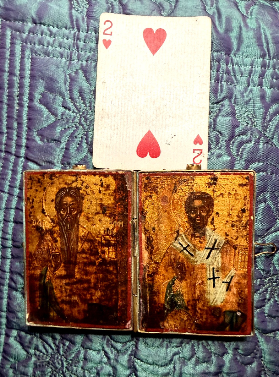 Very Rare Greek Travel Diptych Icon Depicting Christ And Saint Paul, 17th Century-photo-3