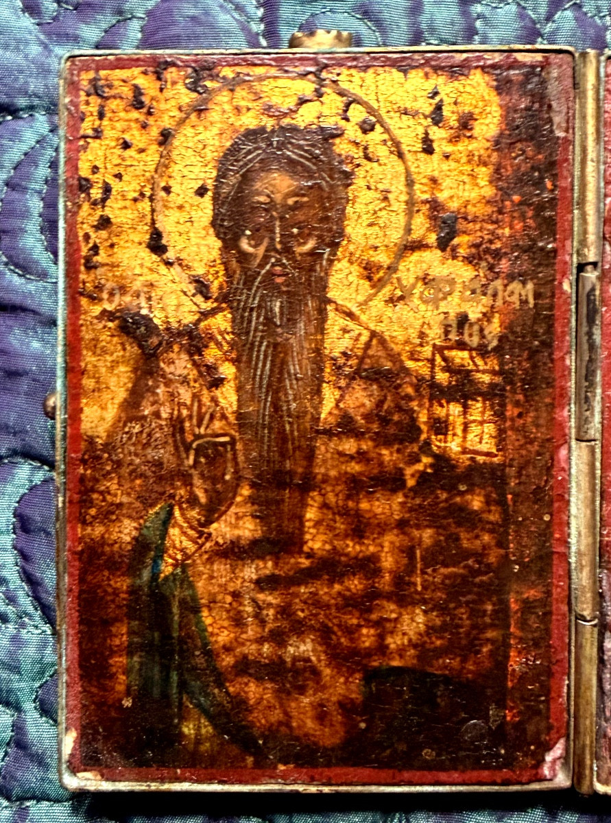 Very Rare Greek Travel Diptych Icon Depicting Christ And Saint Paul, 17th Century-photo-4