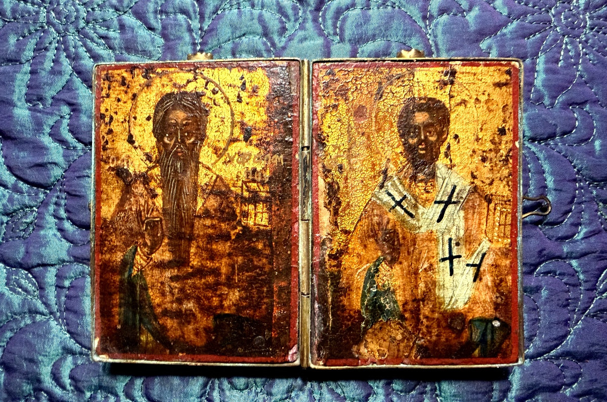 Very Rare Greek Travel Diptych Icon Depicting Christ And Saint Paul, 17th Century-photo-3
