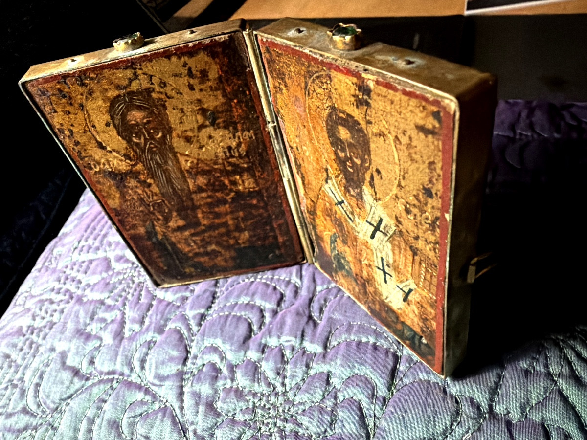 Very Rare Greek Travel Diptych Icon Depicting Christ And Saint Paul, 17th Century-photo-6