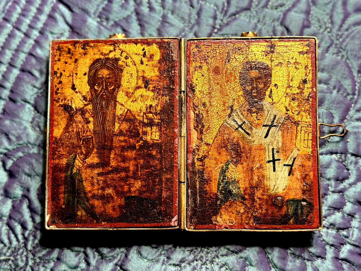 Very Rare Greek Travel Diptych Icon Depicting Christ And Saint Paul, 17th Century