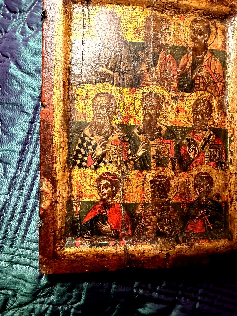 17th-century Greek Icon Depicting Nine Saints And Their Symbols, Very Finely Represented.-photo-2