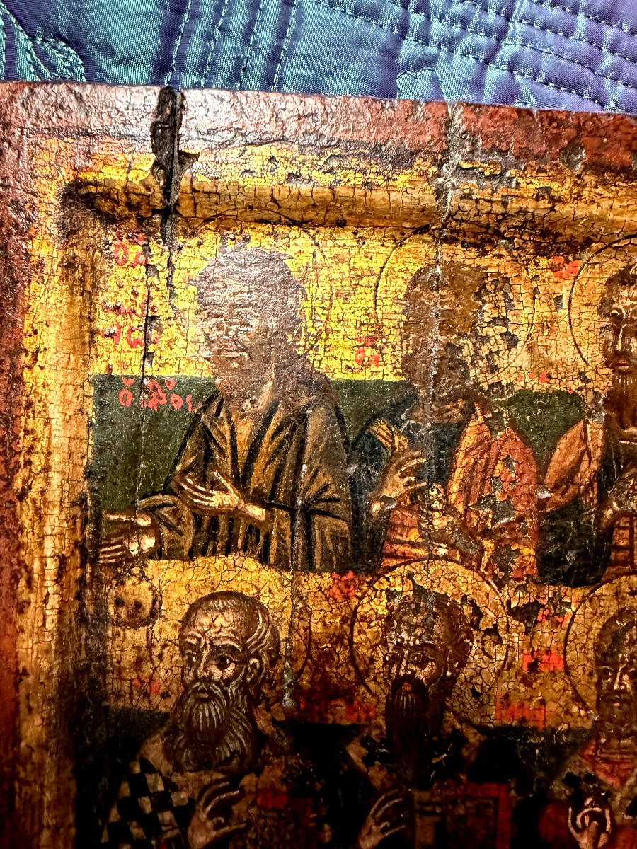17th-century Greek Icon Depicting Nine Saints And Their Symbols, Very Finely Represented.-photo-3