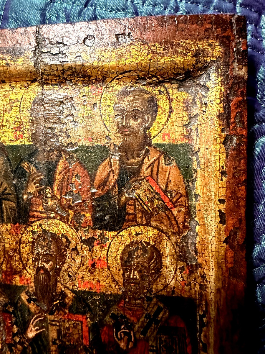 17th-century Greek Icon Depicting Nine Saints And Their Symbols, Very Finely Represented.-photo-4