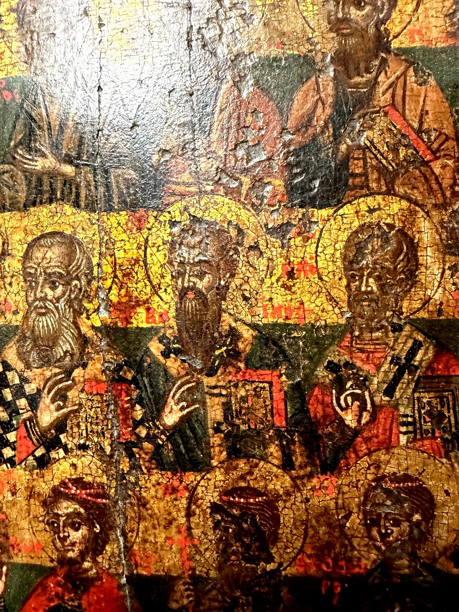 17th-century Greek Icon Depicting Nine Saints And Their Symbols, Very Finely Represented.-photo-2