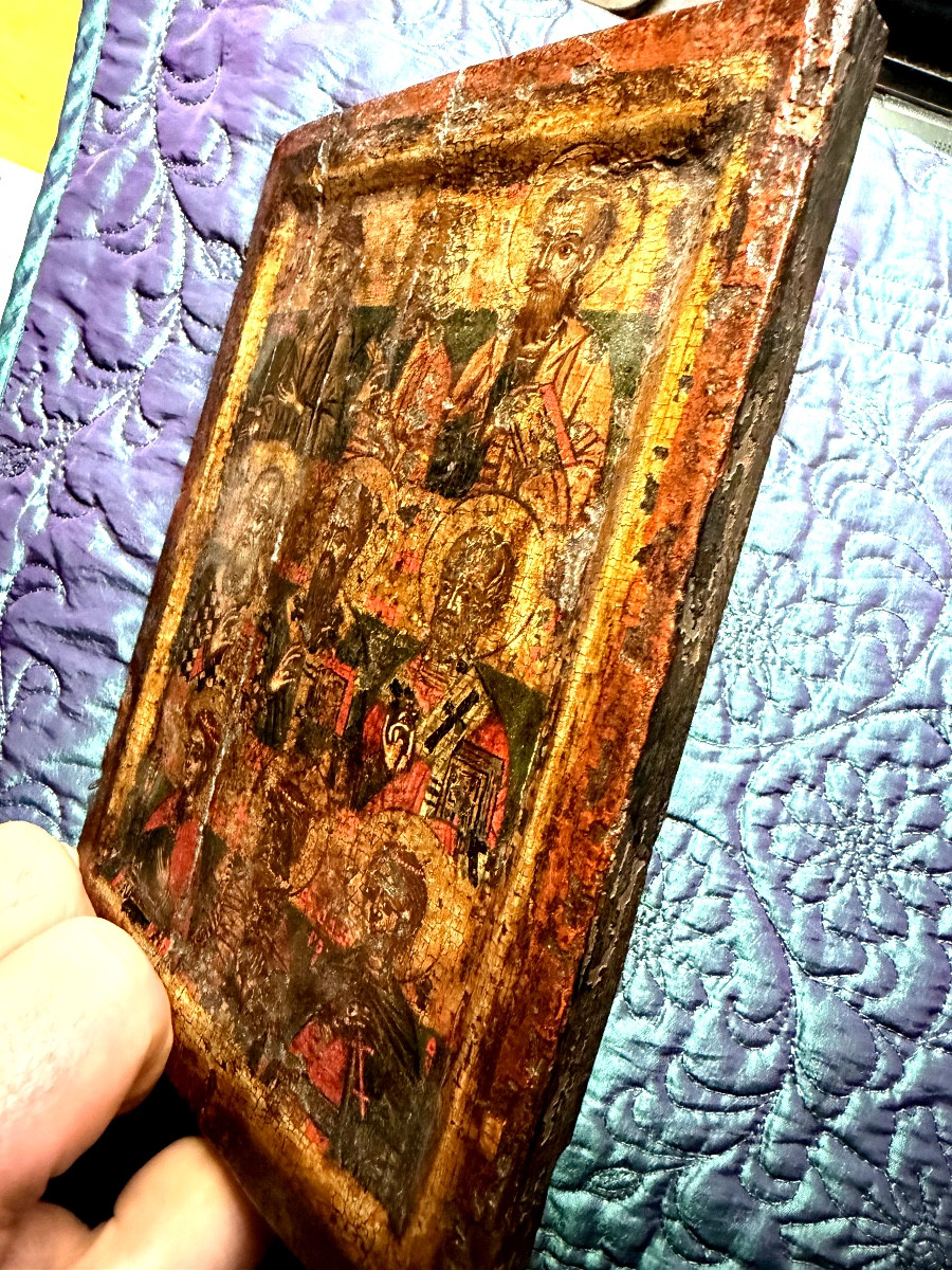 17th-century Greek Icon Depicting Nine Saints And Their Symbols, Very Finely Represented.-photo-4