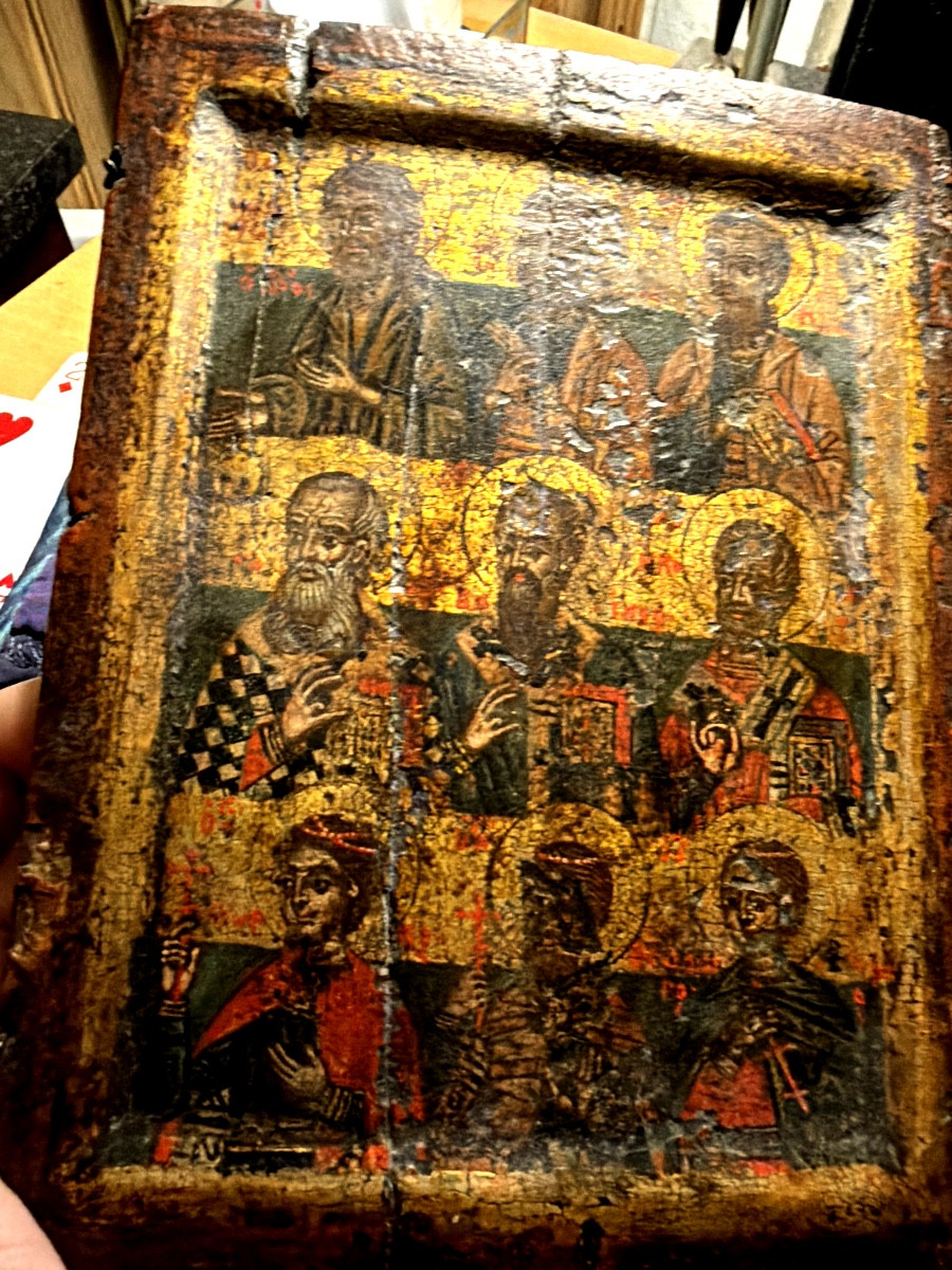 17th-century Greek Icon Depicting Nine Saints And Their Symbols, Very Finely Represented.-photo-7