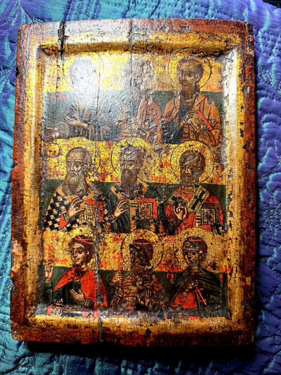 17th-century Greek Icon Depicting Nine Saints And Their Symbols, Very Finely Represented.