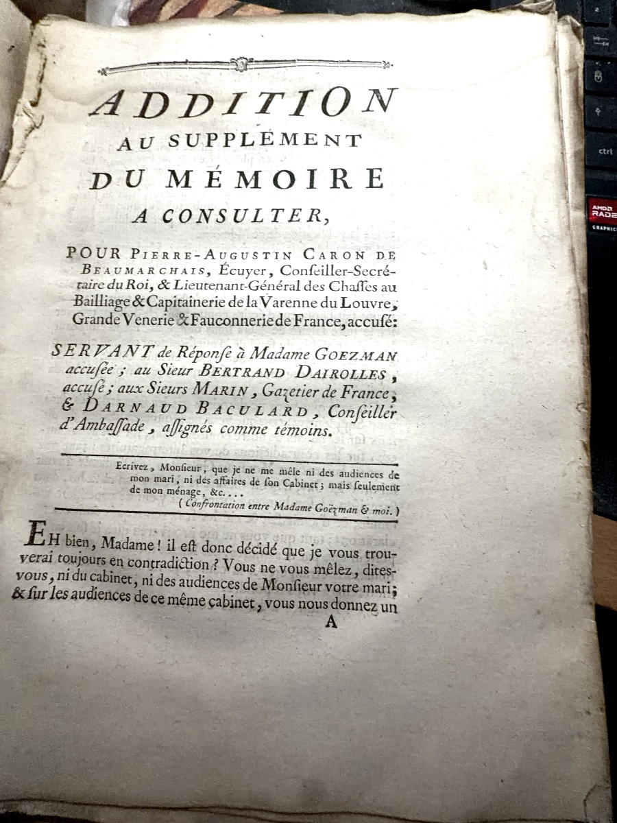 Documents From The 1774 Trial, Paris, Ruault  Beaumarchais", Hardcover Marbled Spine-photo-2