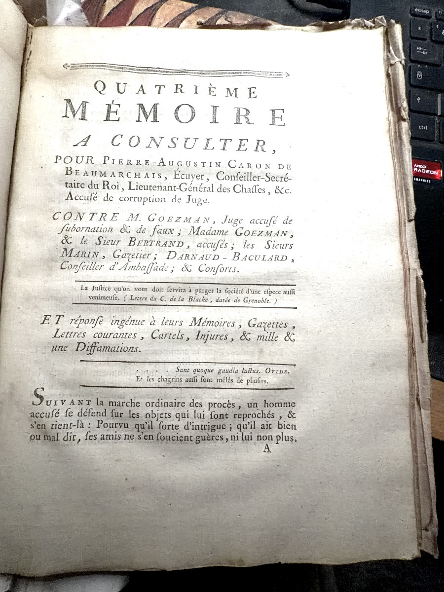 Documents From The 1774 Trial, Paris, Ruault  Beaumarchais", Hardcover Marbled Spine-photo-3