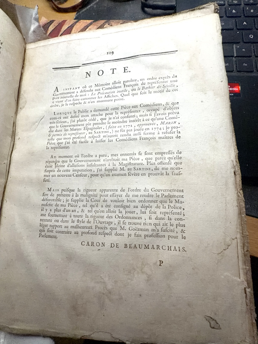 Documents From The 1774 Trial, Paris, Ruault  Beaumarchais", Hardcover Marbled Spine-photo-6