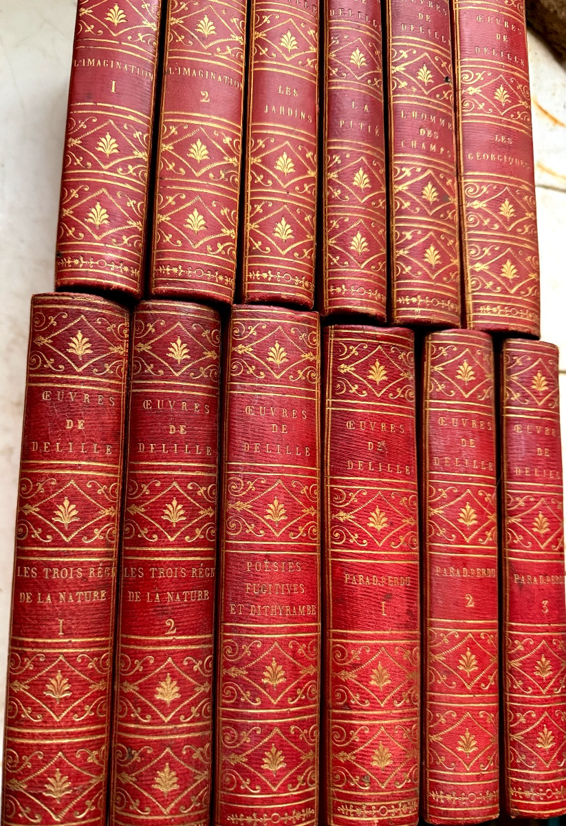  12 Volumes In 12mo. Works Of Jacques Delille, A Beautiful Collected Edition From 1803-1806, Bound In Red Morocco.-photo-4