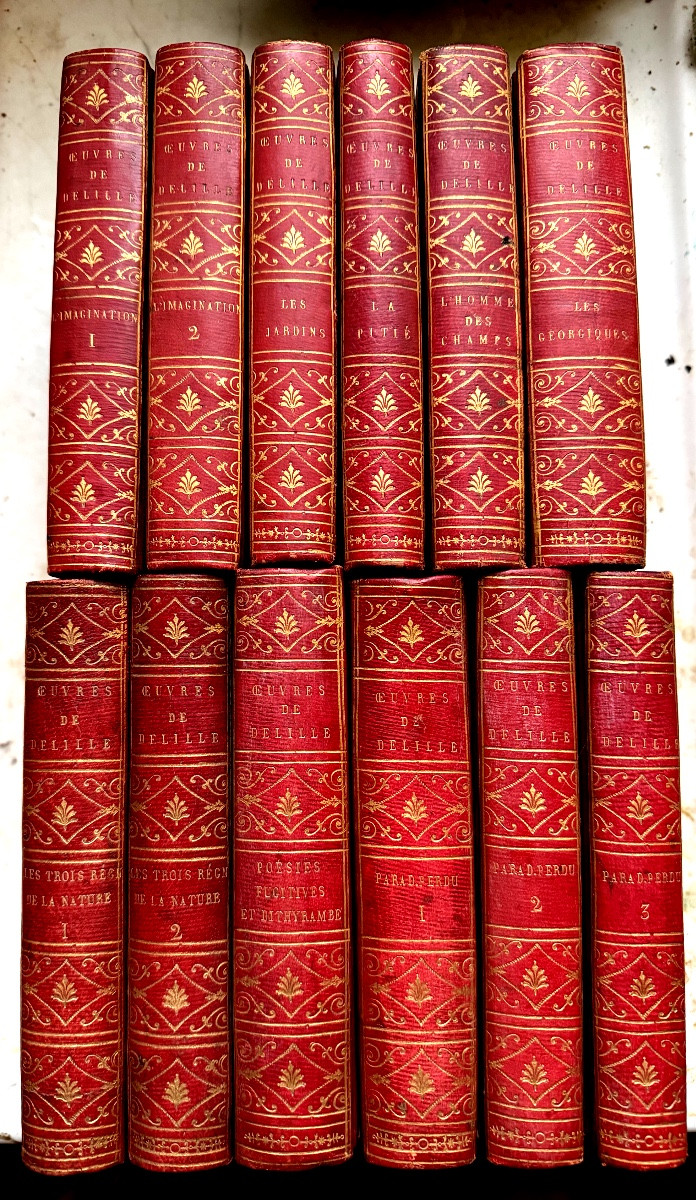  12 Volumes In 12mo. Works Of Jacques Delille, A Beautiful Collected Edition From 1803-1806, Bound In Red Morocco.