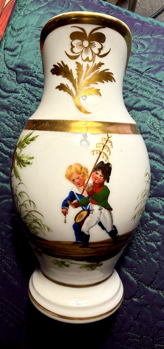  A Curious Scene Of Children In Costume Depicting Napoleon And A Marine Drummer, Along With A Pitcher From The First Empire Period.